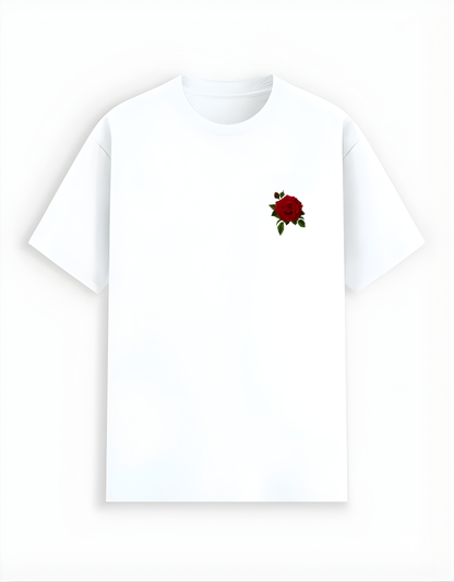 White t-shirt with a red rose emblem on a white background