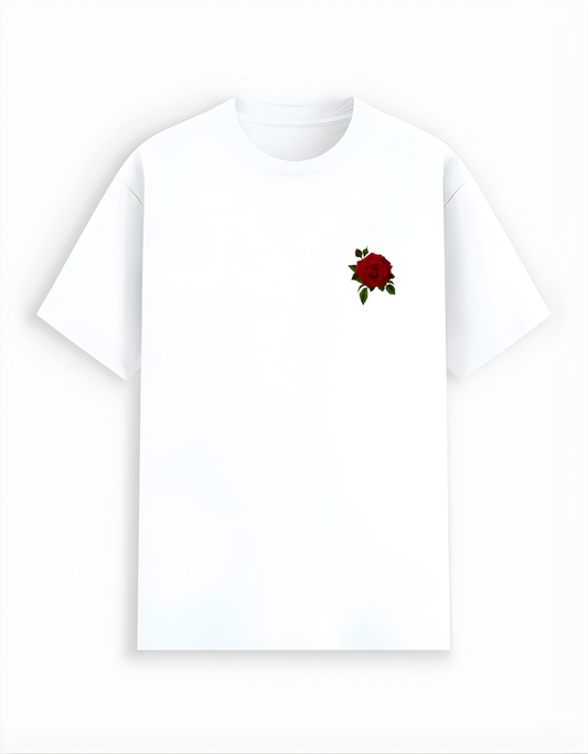 White t-shirt with a red rose emblem on a white background