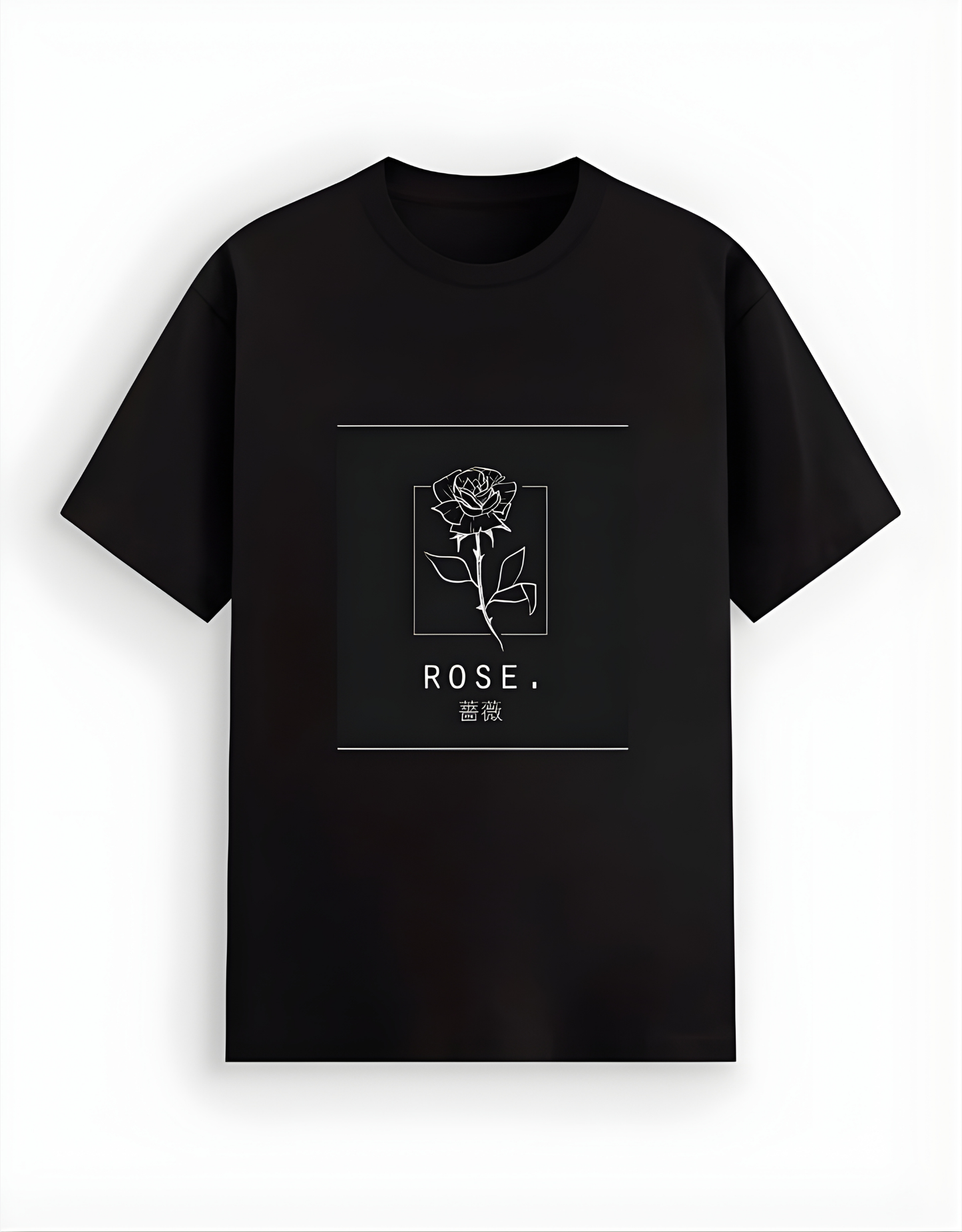 Black t-shirt with a rose design and text on a white background