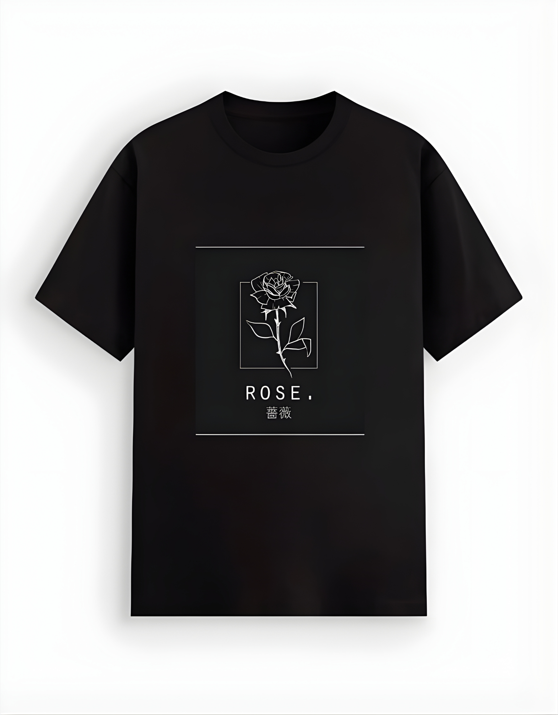 Black t-shirt with a rose design and text on a white background