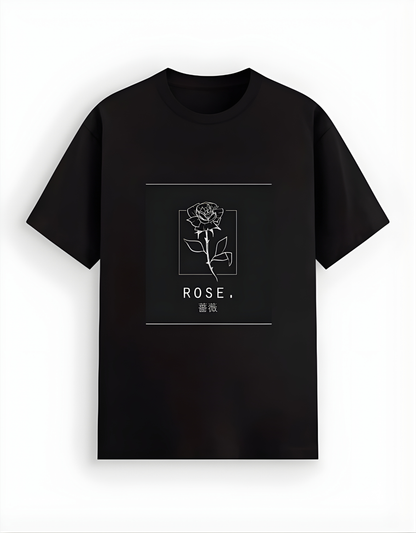 Black t-shirt with a rose design and text on a white background