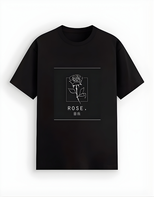 Black t-shirt with a rose design and text on a white background