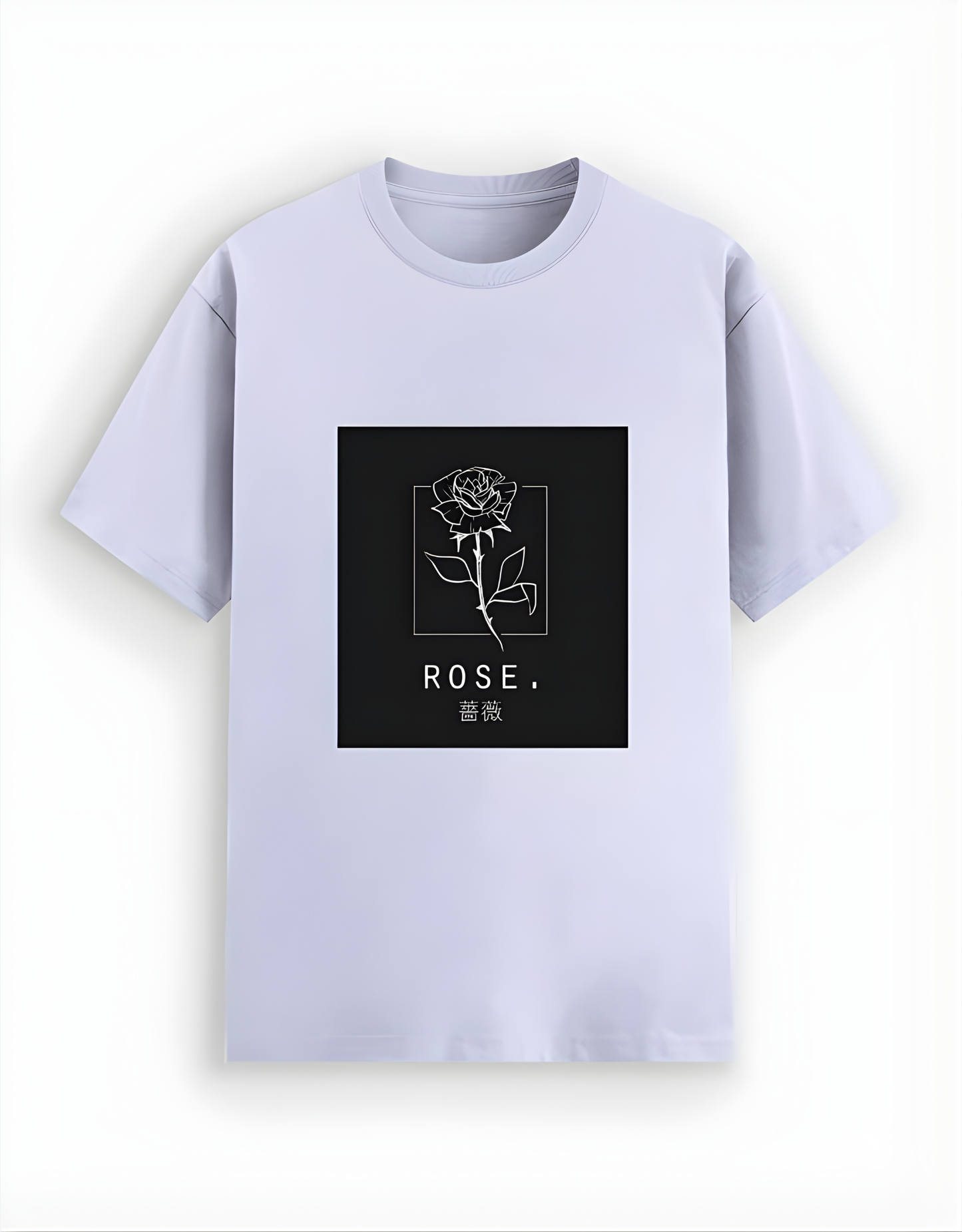 Light purple t-shirt with a black square featuring a white rose design and the word 'ROSE' on a white background.