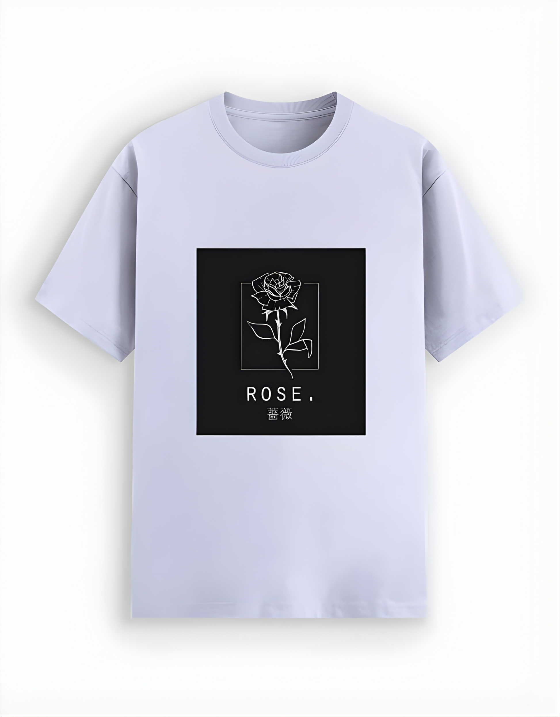 Light purple t-shirt with a black square featuring a white rose design and the word 'ROSE' on a white background.