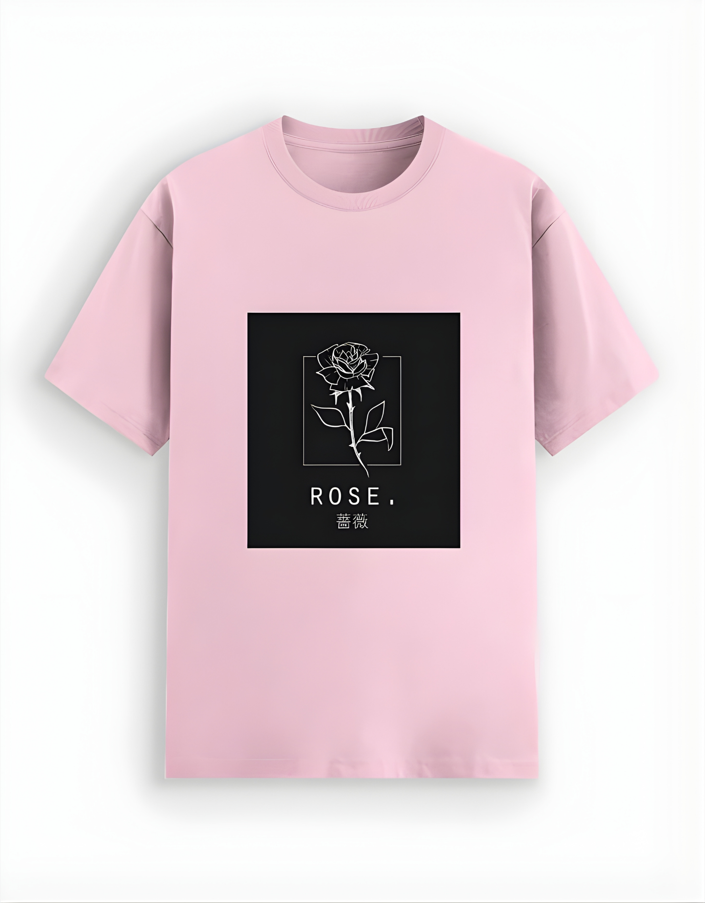 Pink t-shirt with a black square featuring a white rose design and the word 'ROSE' on a white background.