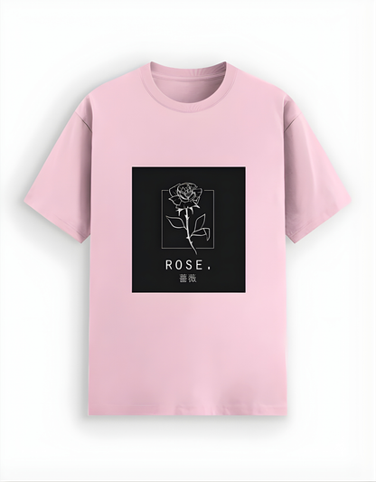 Pink t-shirt with a black square featuring a white rose design and the word 'ROSE' on a white background.