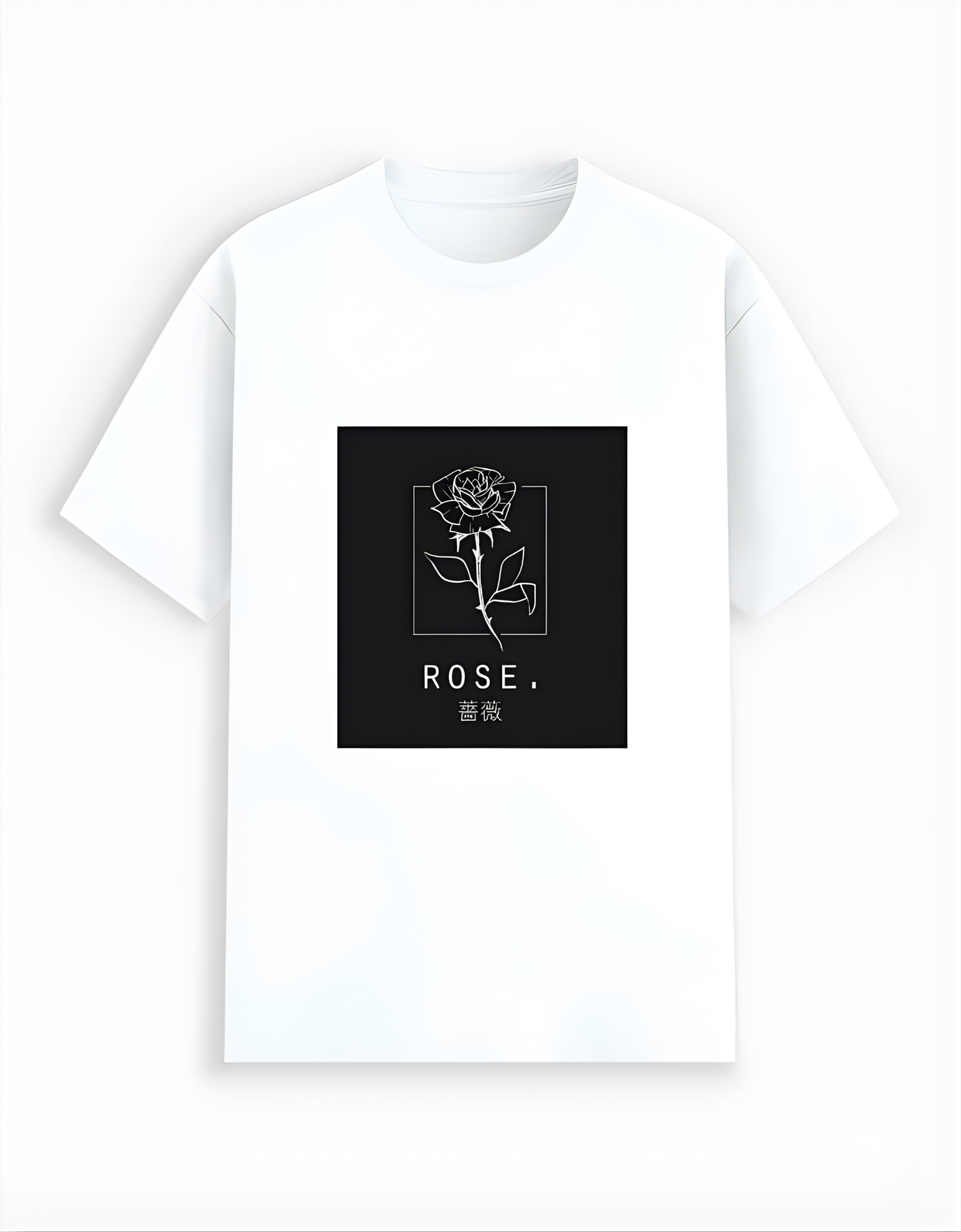 White t-shirt with a black square featuring a rose design and the word 'ROSE' on a white background