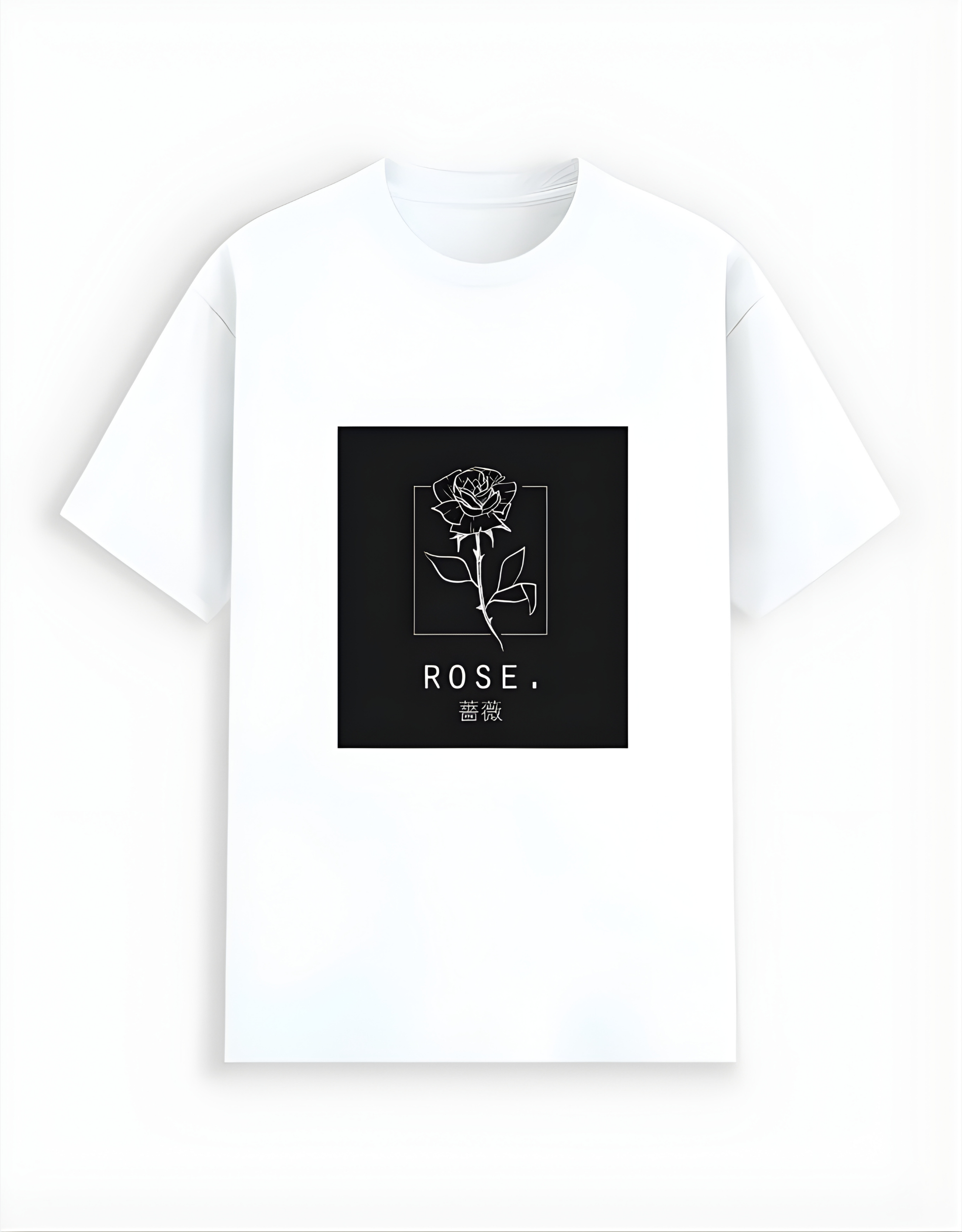 White t-shirt with a black square featuring a rose design and the word 'ROSE' on a white background