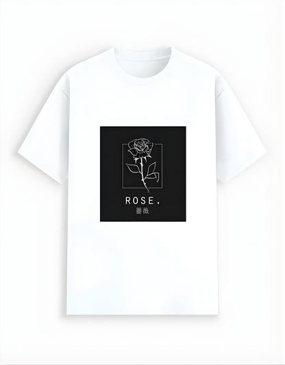White t-shirt with a black square featuring a rose design and the word 'ROSE' on a white background