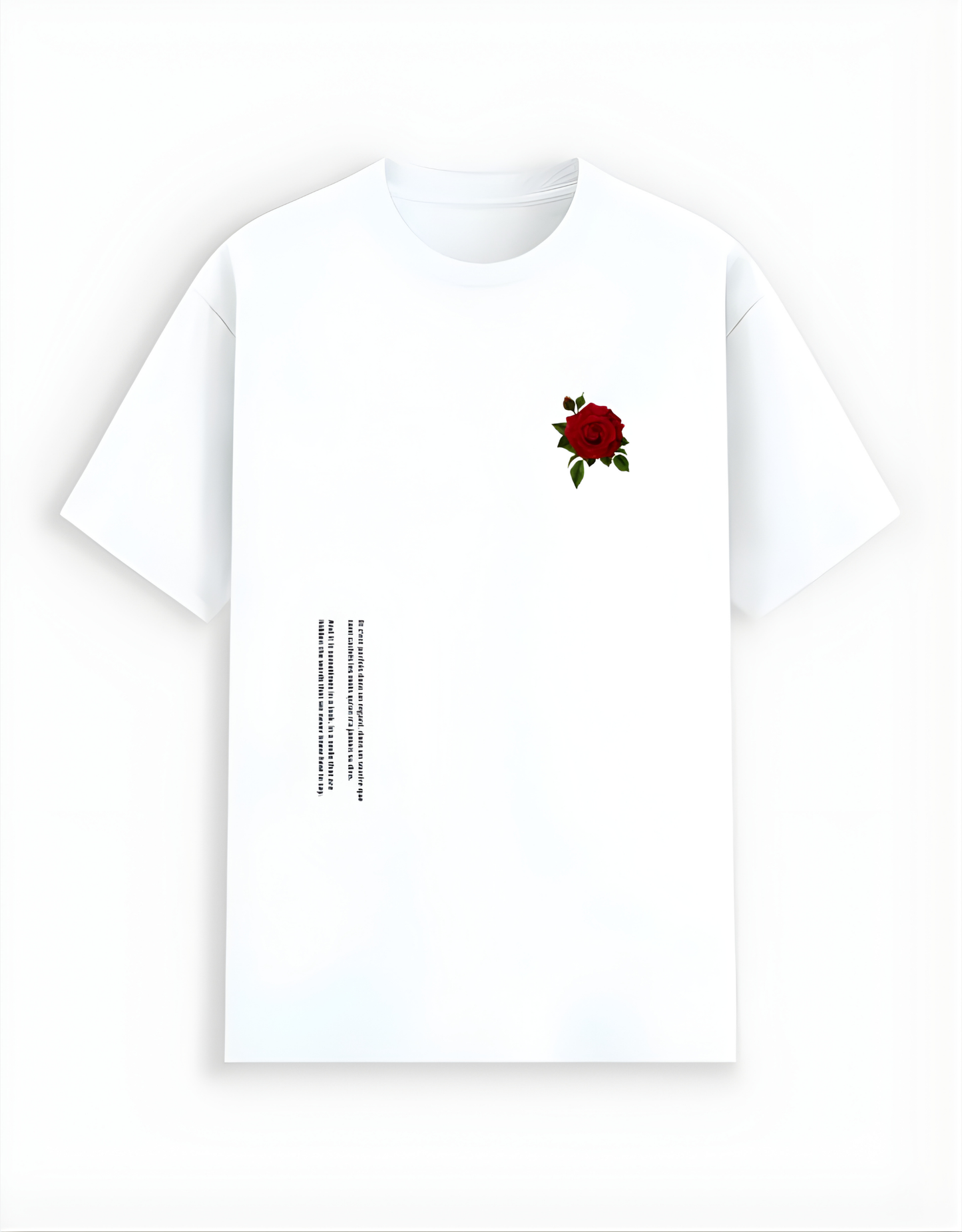 White t-shirt with a red rose graphic on a white background