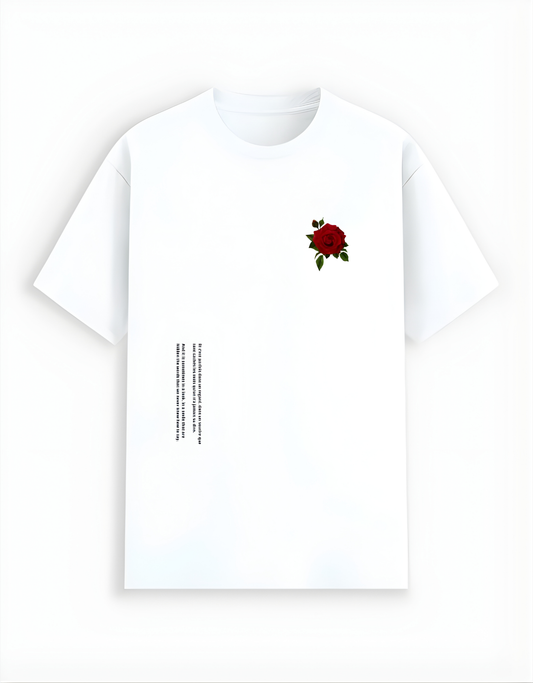 White t-shirt with a red rose graphic on a white background