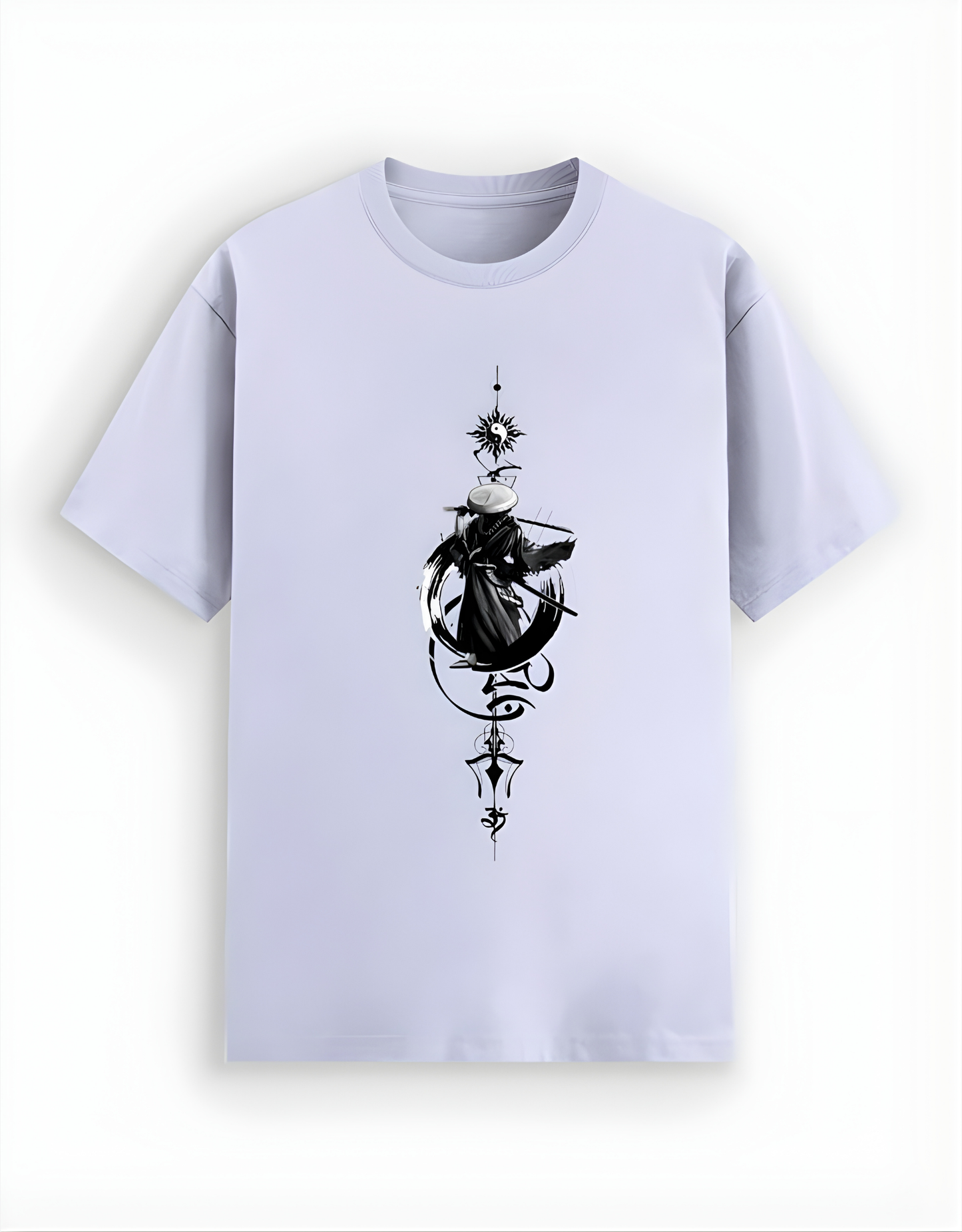 Light purple t-shirt with black graphic design on a white background