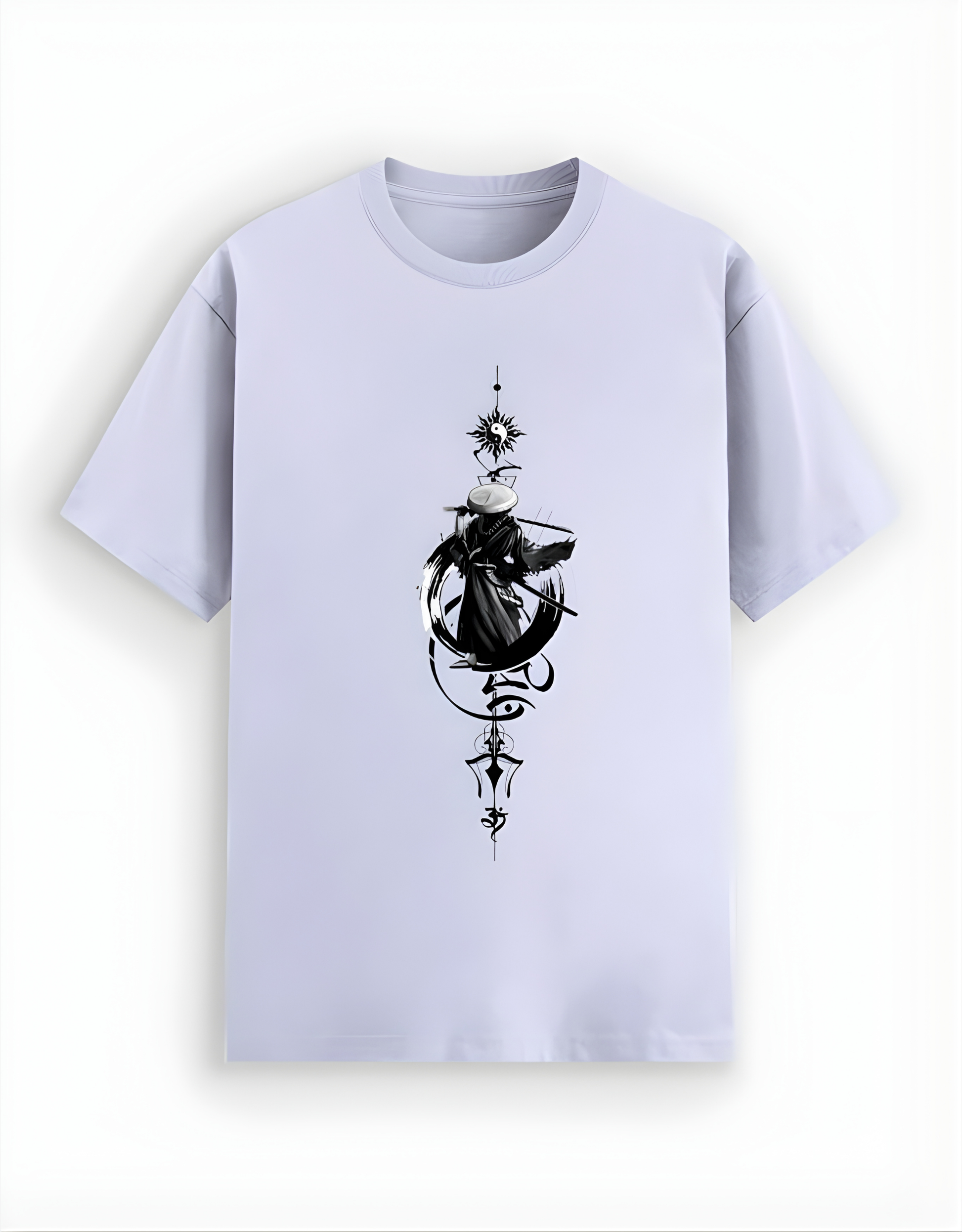 Light purple t-shirt with black graphic design on a white background