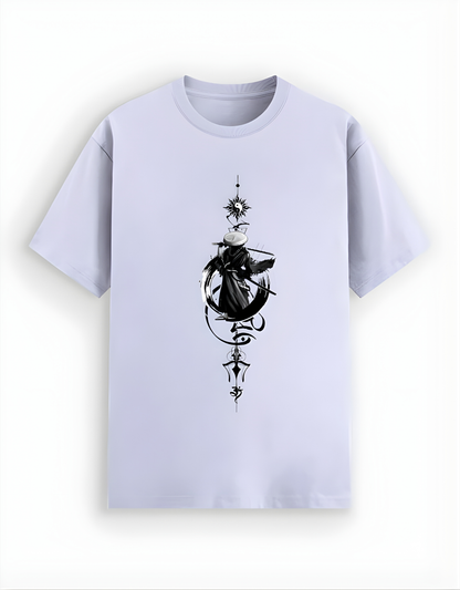 Light purple t-shirt with black graphic design on a white background