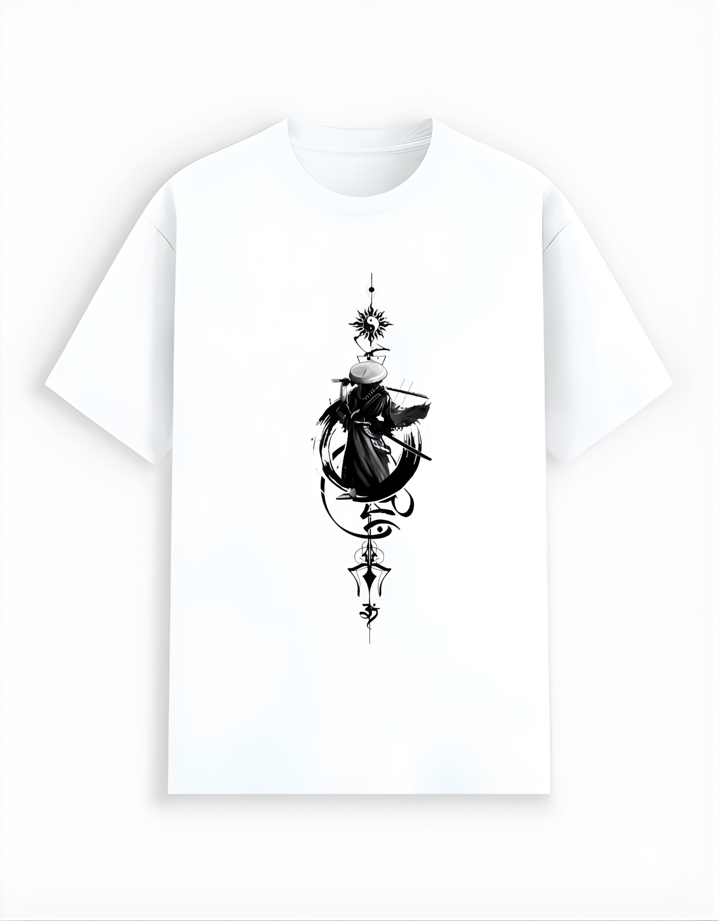 White t-shirt with black abstract design on a white background