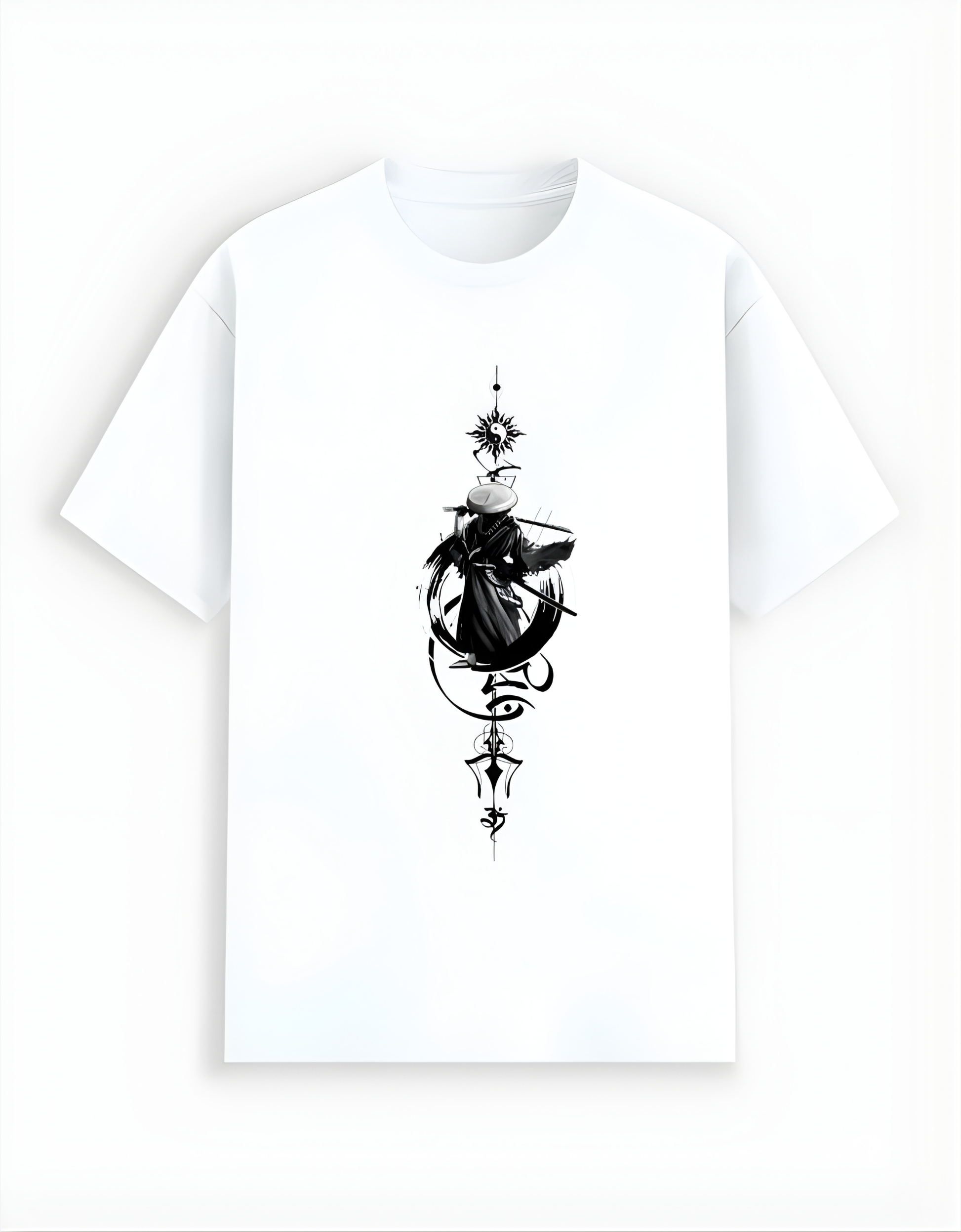 White t-shirt with black abstract design on a white background