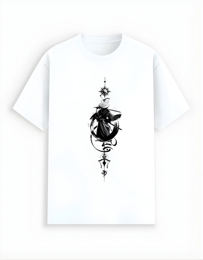 White t-shirt with black abstract design on a white background