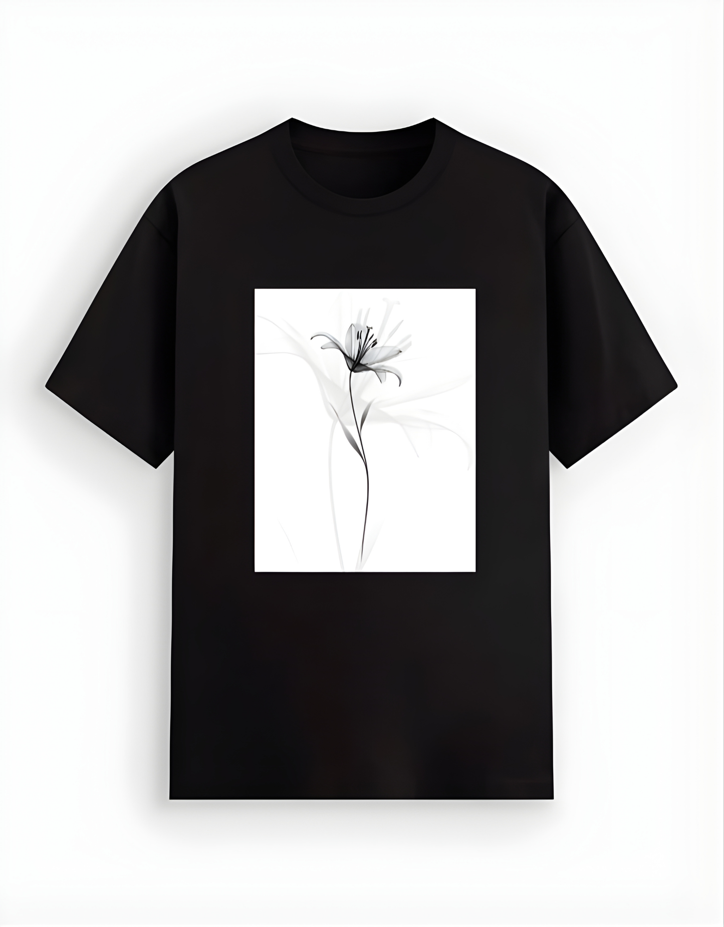Black t-shirt with a white square featuring a black floral design on a white background