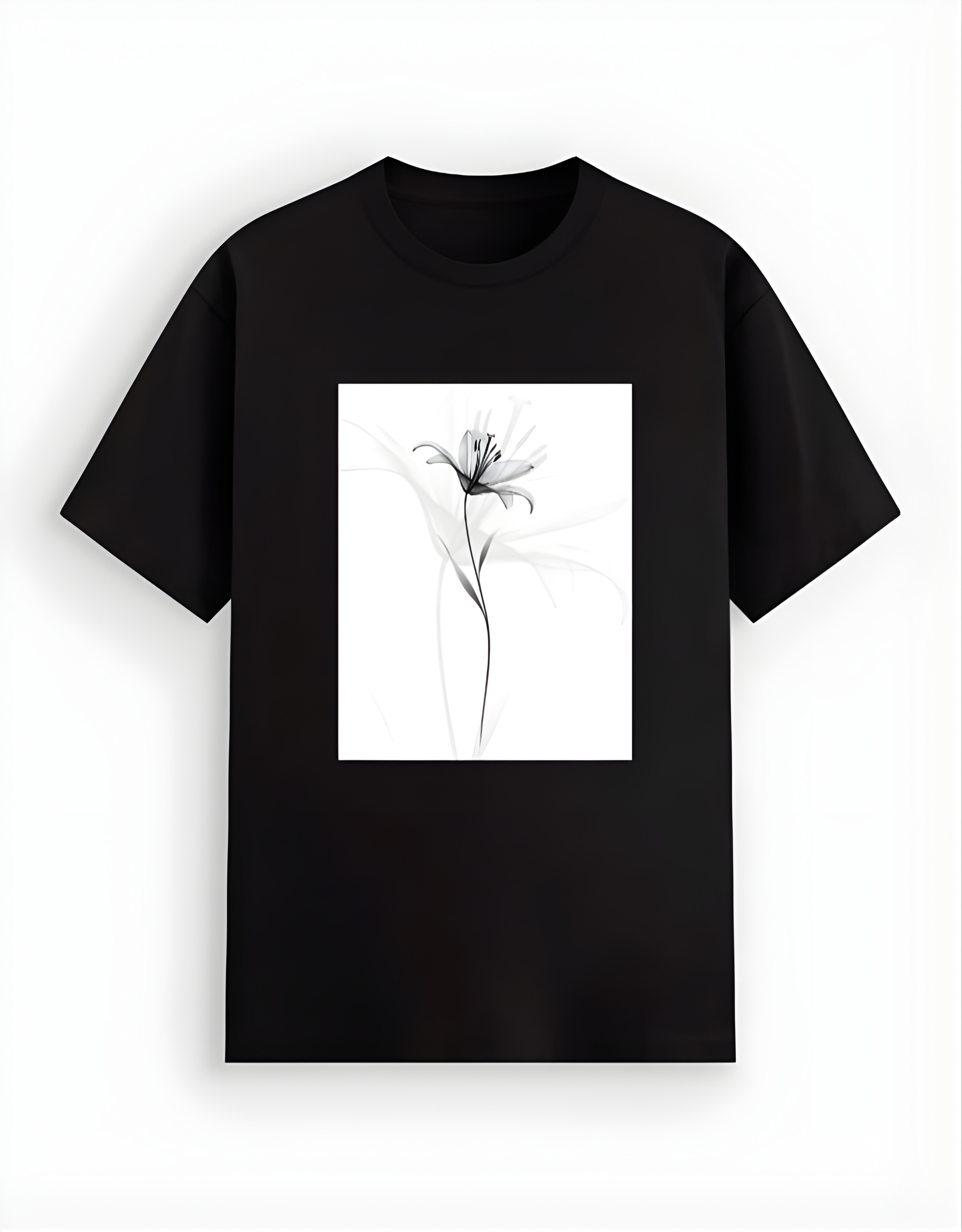 Black t-shirt with a white square featuring a black floral design on a white background
