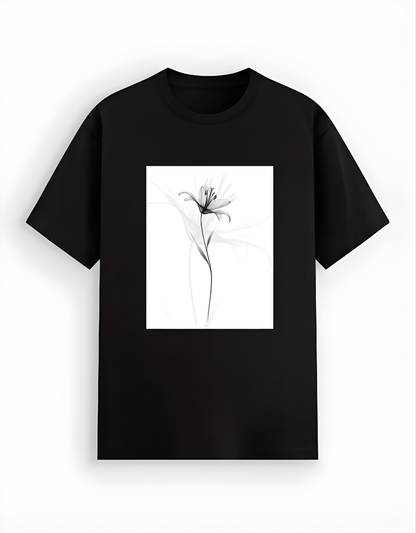 Black t-shirt with a white square featuring a black floral design on a white background