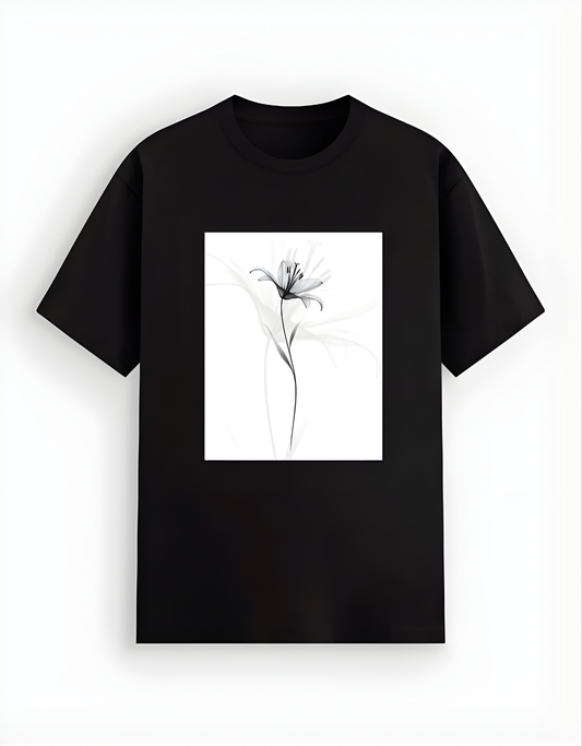 Black t-shirt with a white square featuring a black floral design on a white background