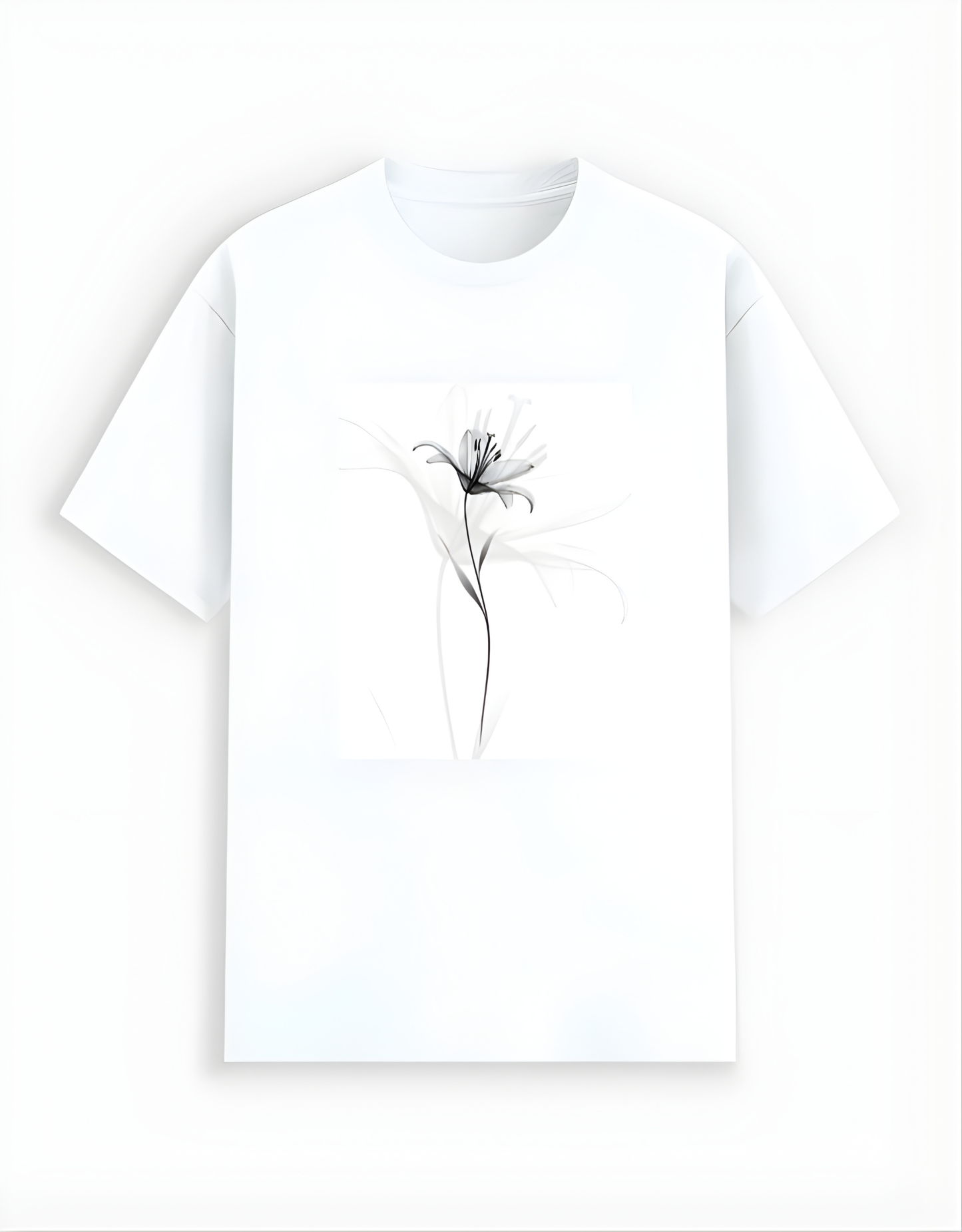 White t-shirt with a black floral design on a white background