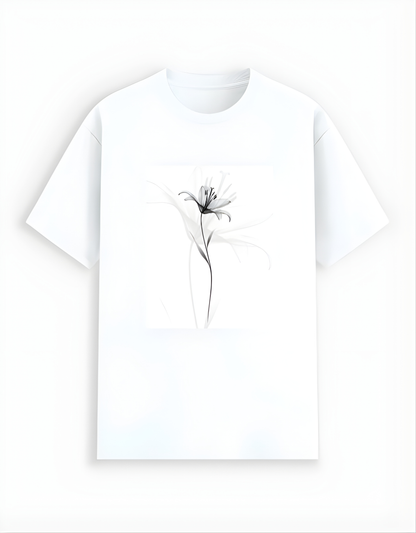White t-shirt with a black floral design on a white background