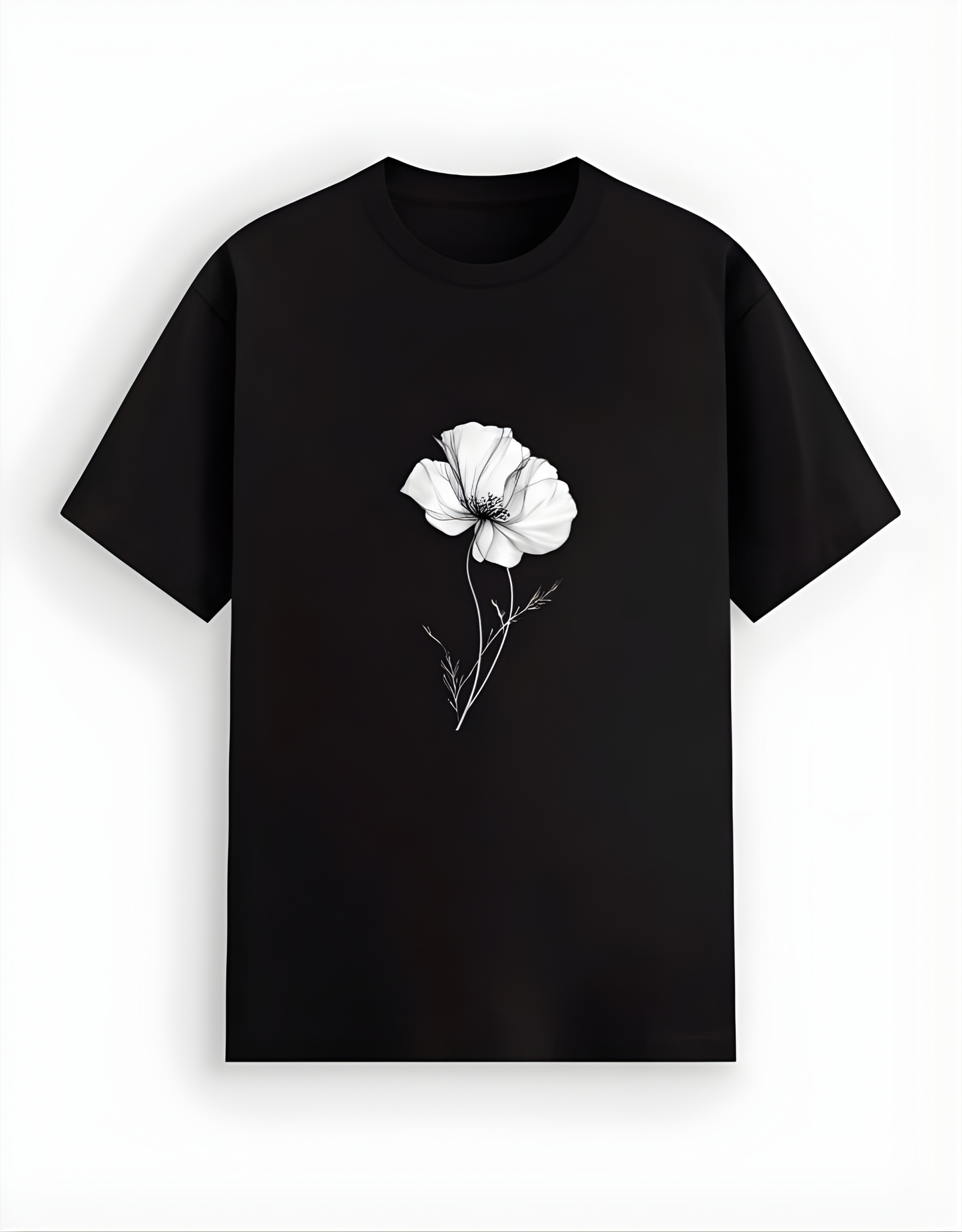 Black t-shirt with a white floral design on a white background