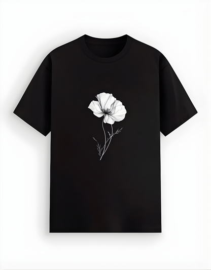 Black t-shirt with a white floral design on a white background