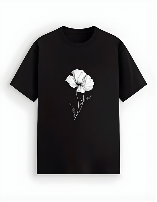 Black t-shirt with a white floral design on a white background