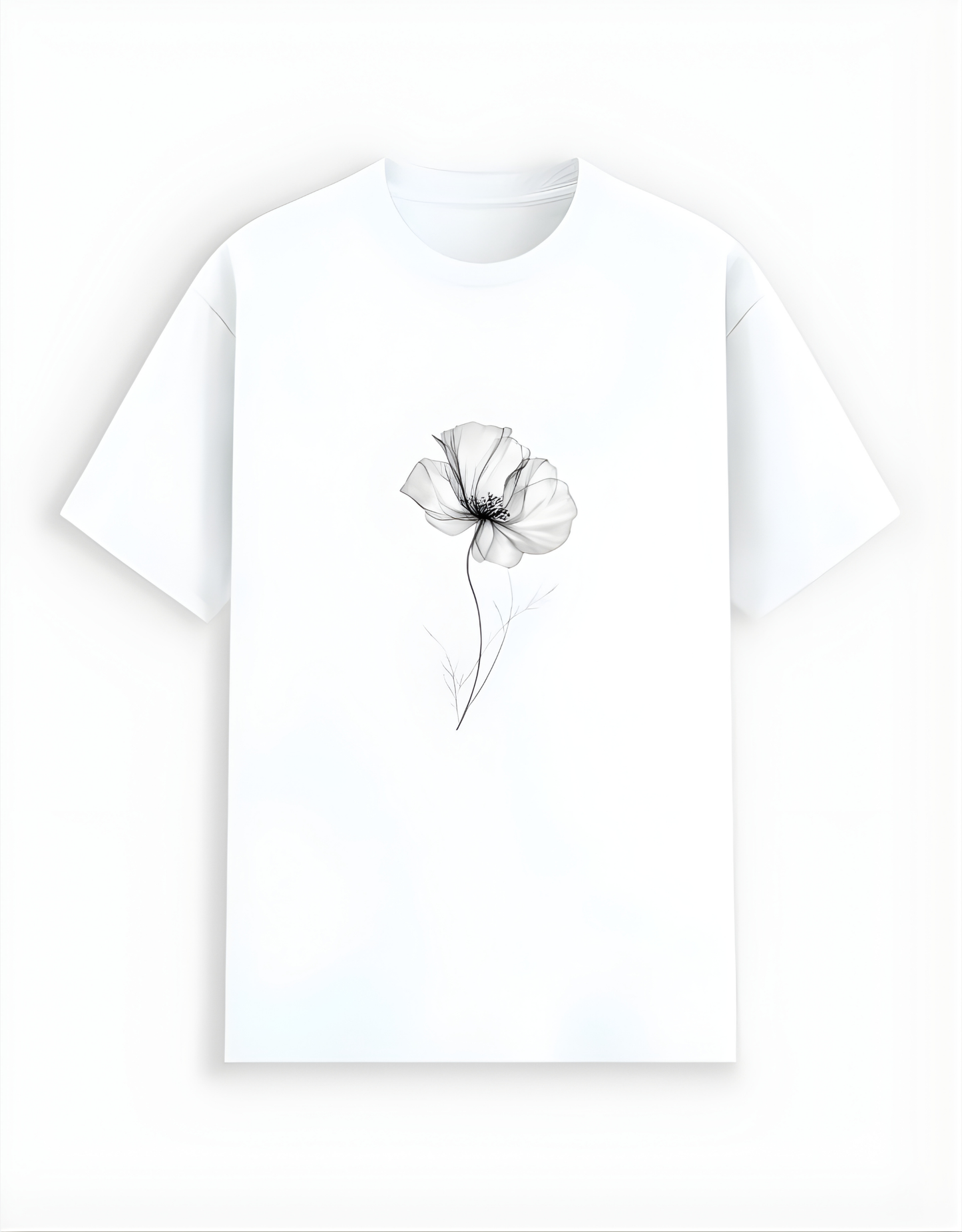 White t-shirt with a black floral design on a white background