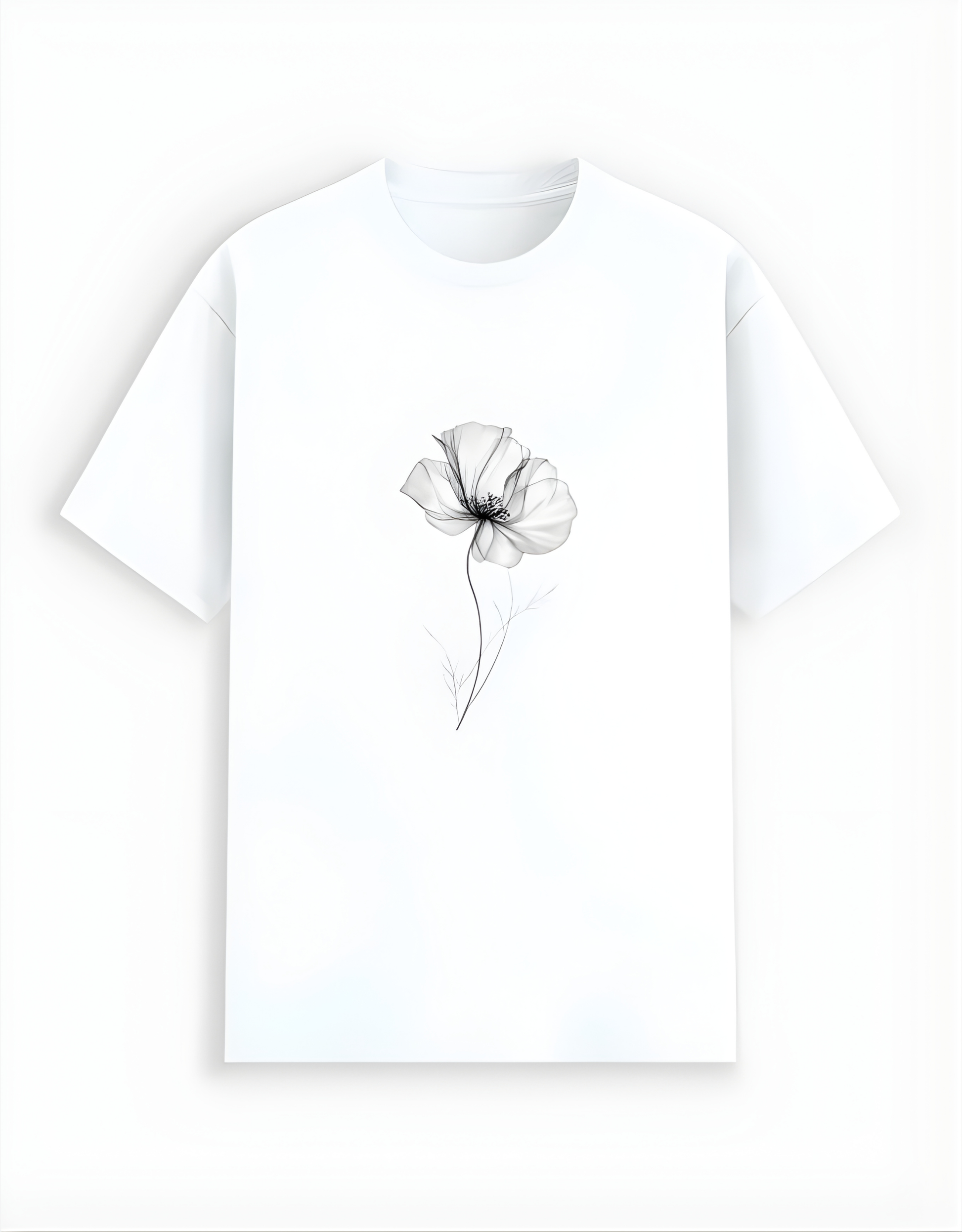 White t-shirt with a black floral design on a white background