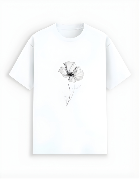 White t-shirt with a black floral design on a white background