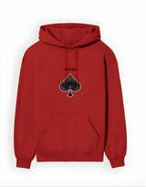 Red hoodie with a black spade symbol on a white background
