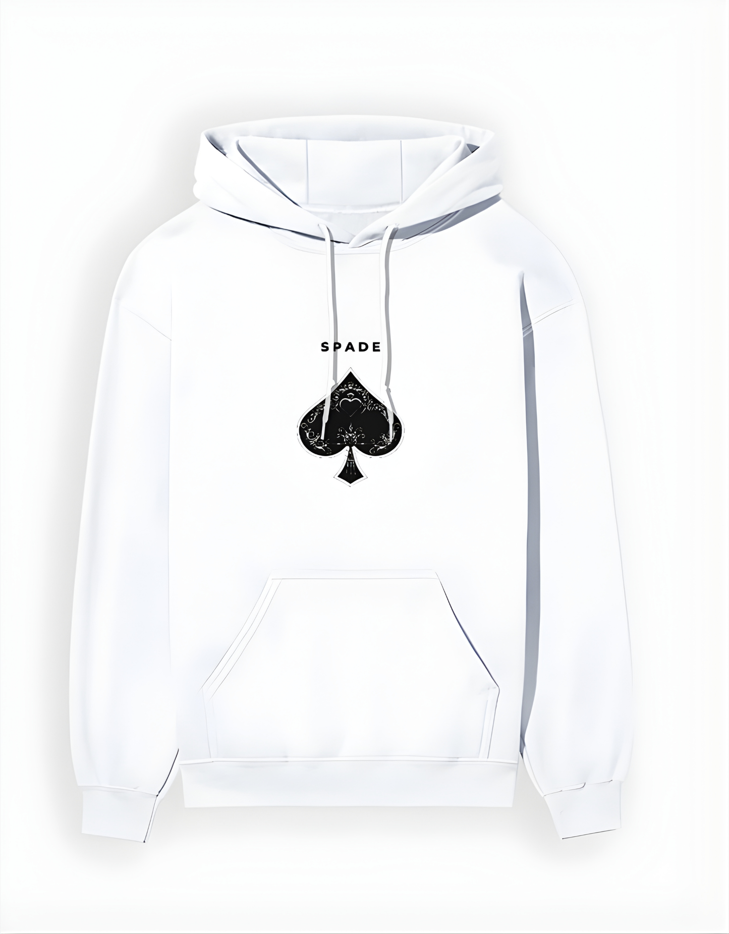 White hoodie with black spade symbol and 'SPADE' text on a white background