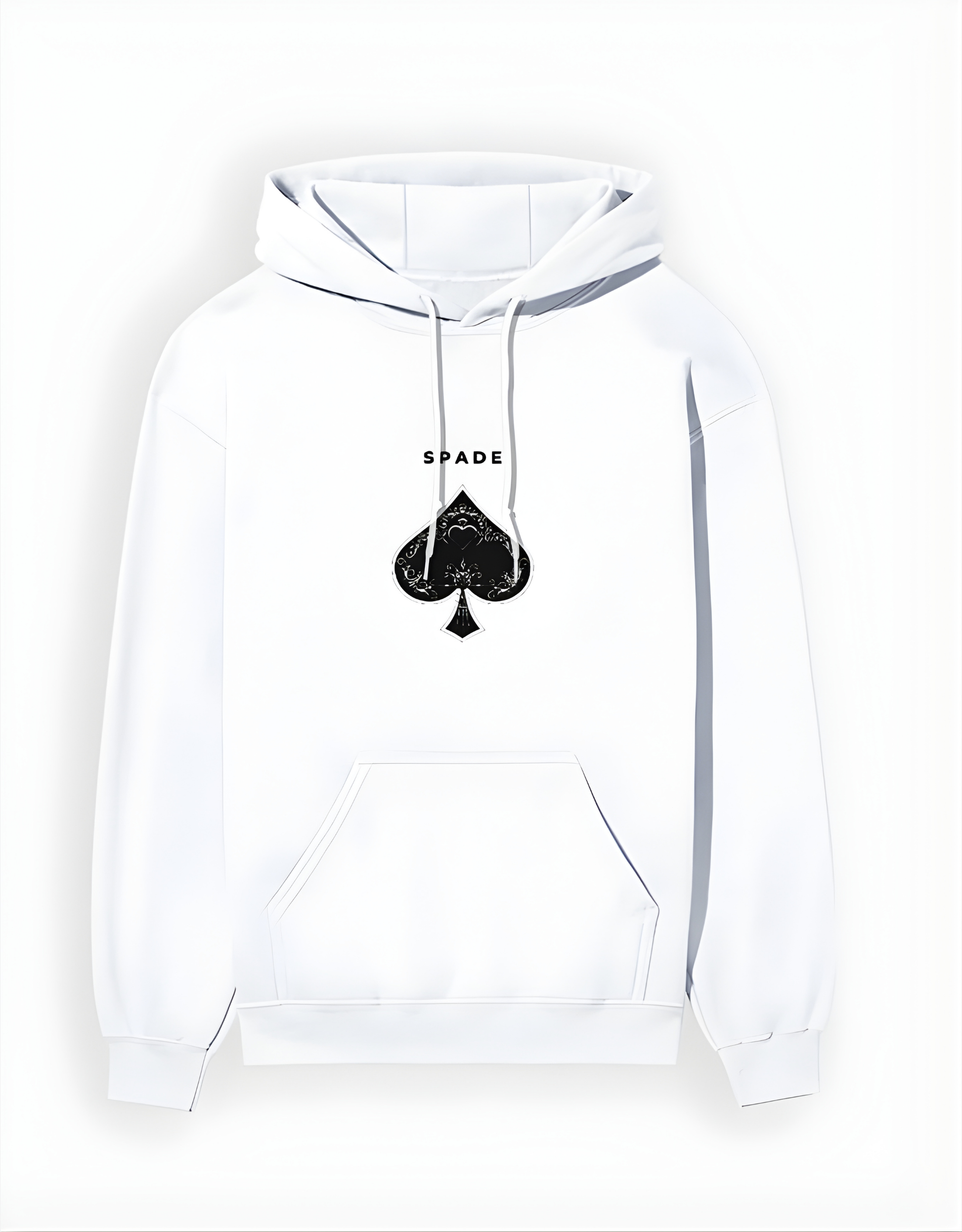 White hoodie with black spade symbol and 'SPADE' text on a white background