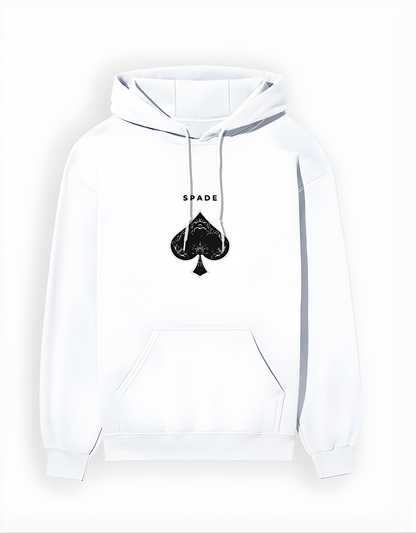 White hoodie with black spade symbol and 'SPADE' text on a white background