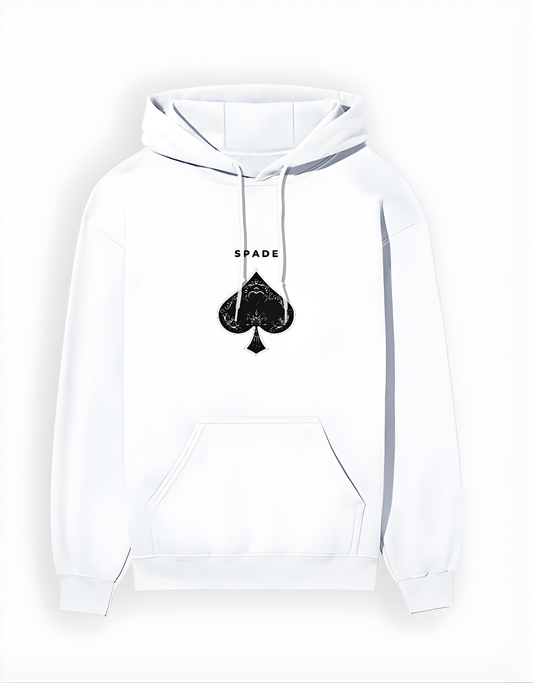 White hoodie with black spade symbol and 'SPADE' text on a white background