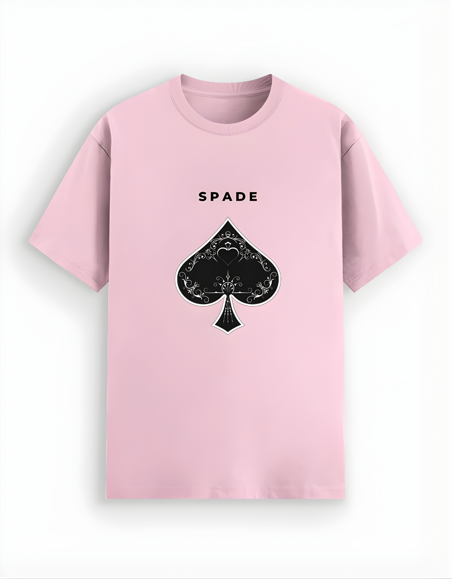 Pink t-shirt with black spade symbol and 'SPADE' text on a white background