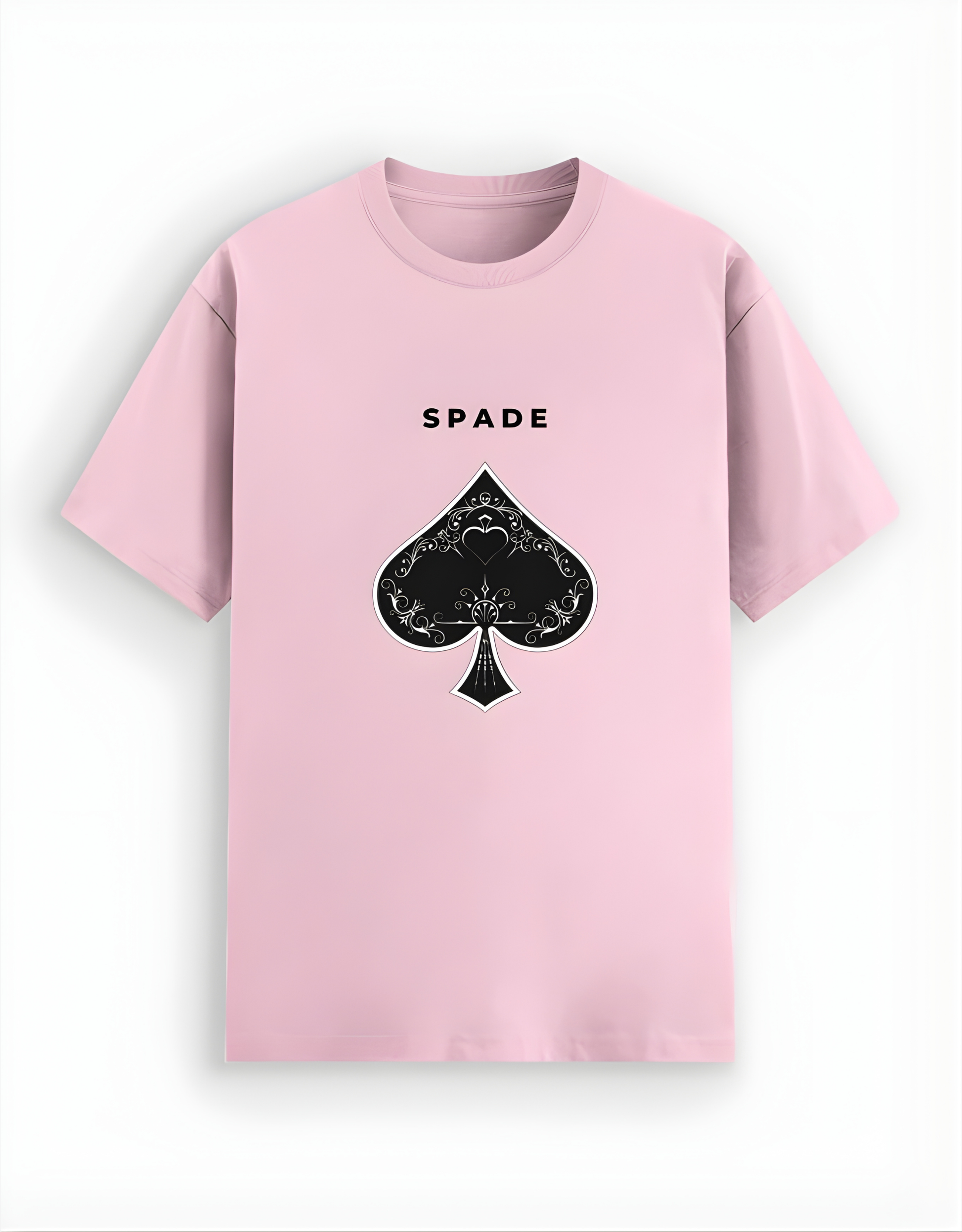 Pink t-shirt with black spade symbol and 'SPADE' text on a white background
