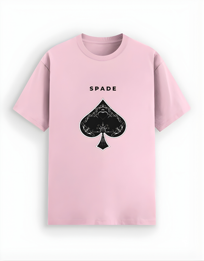 Pink t-shirt with black spade symbol and 'SPADE' text on a white background