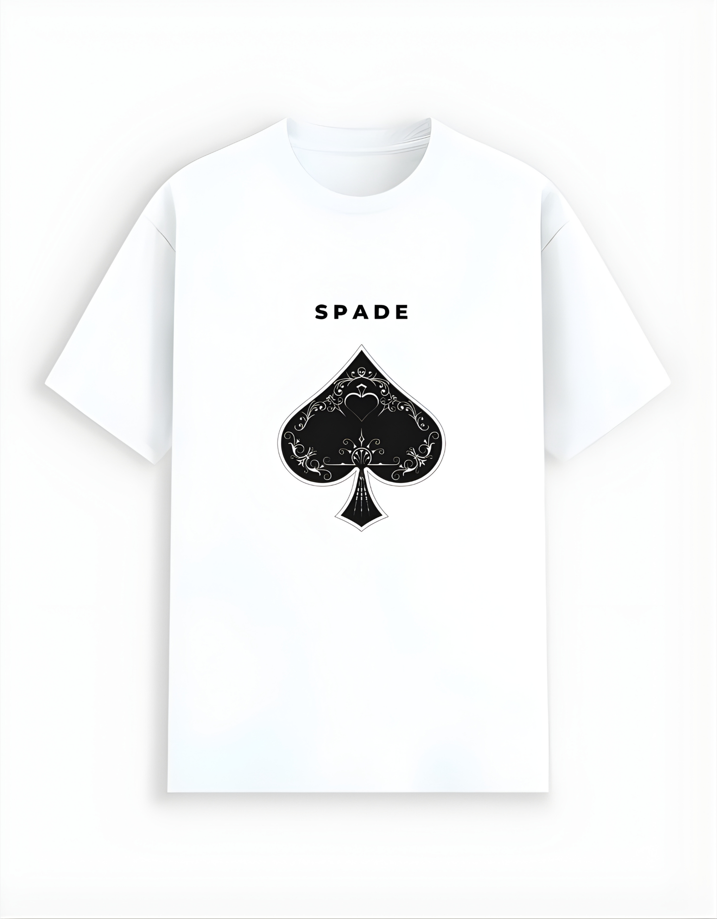 White t-shirt with black spade symbol and 'SPADE' text on a white background