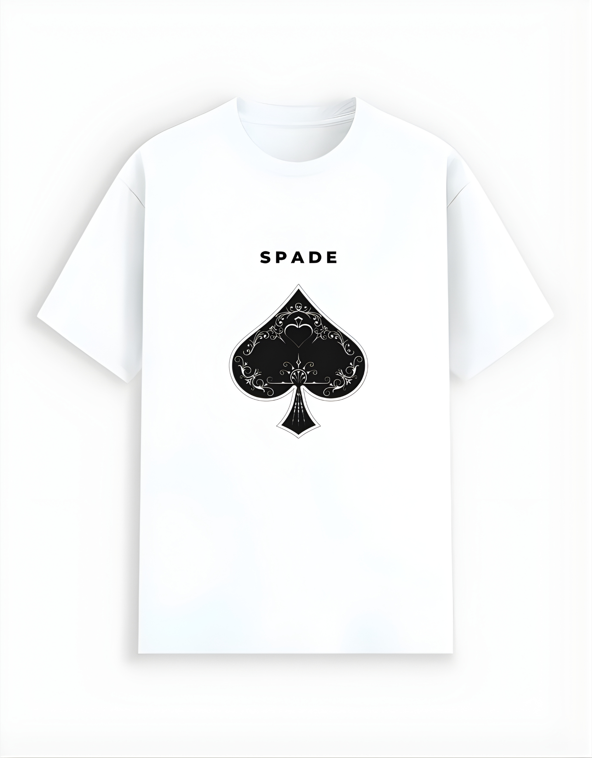 White t-shirt with black spade symbol and 'SPADE' text on a white background