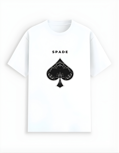 White t-shirt with black spade symbol and 'SPADE' text on a white background