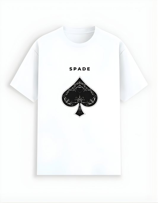White t-shirt with black spade symbol and 'SPADE' text on a white background