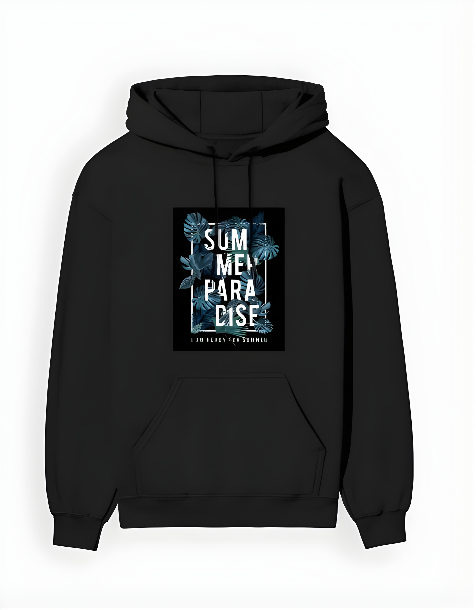 Black hoodie with a graphic design on the chest against a white background