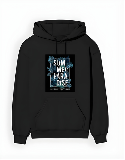 Black hoodie with a graphic design on the chest against a white background