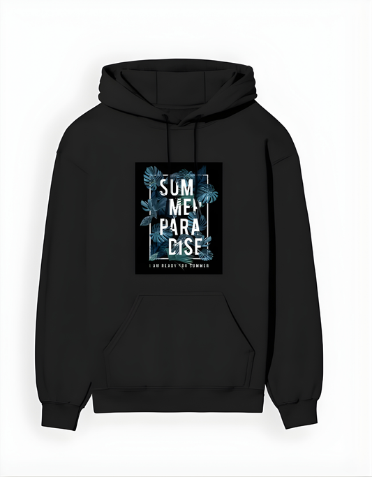 Black hoodie with a graphic design on the chest against a white background