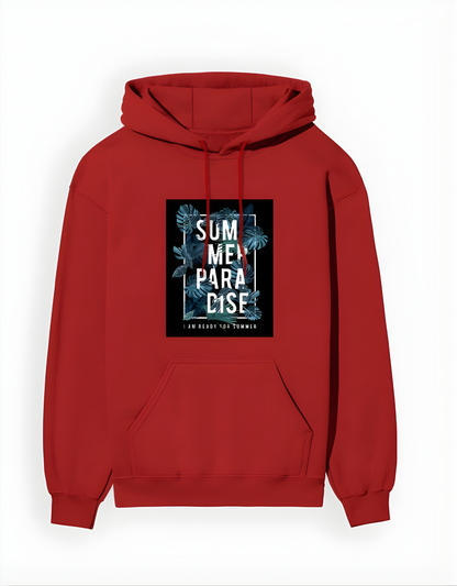 Red hoodie with a graphic design on a white background