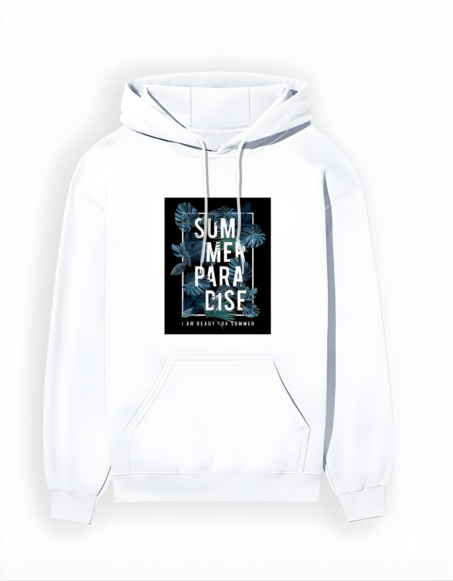 White hoodie with a graphic design on a white background